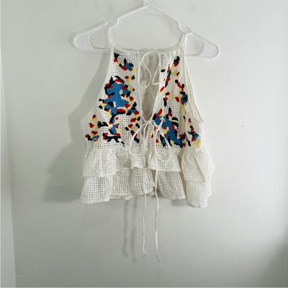 Anthropologie Hemant & Nandita Basanti White Multicolor Eyelet Tie Tank Medium - Picture 11 of 13